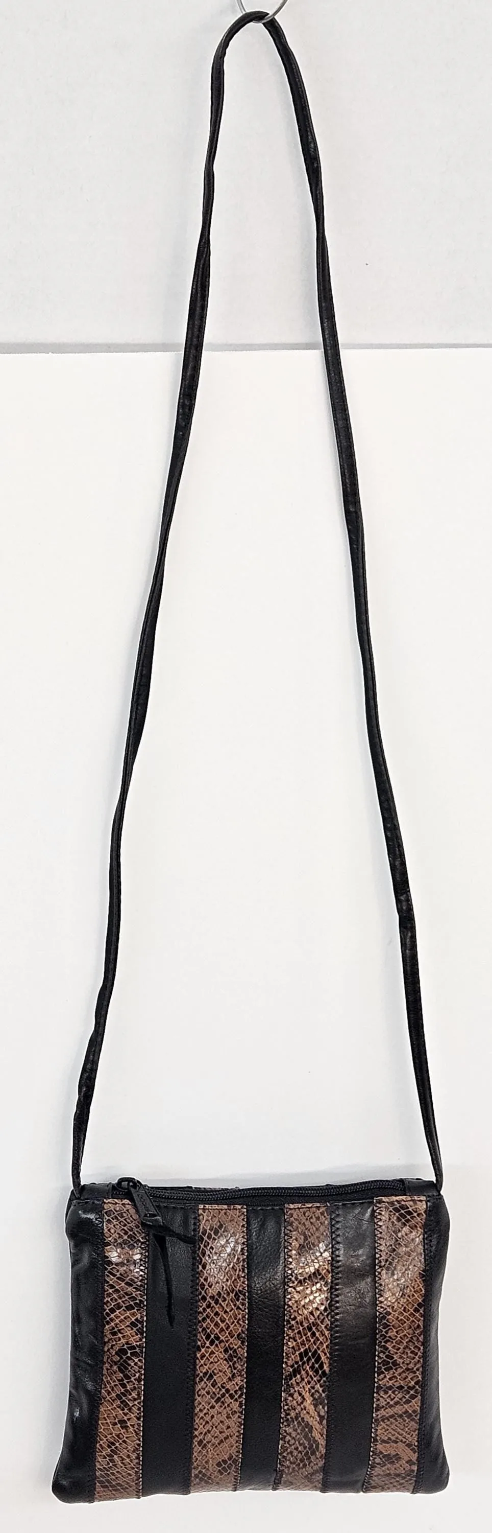 Black with brown Snake print Zigzag stich Crossbody Handbag #TR3302bbsp-ZA, Purses,Universal Use Genuine Leather.   Made in USA.
