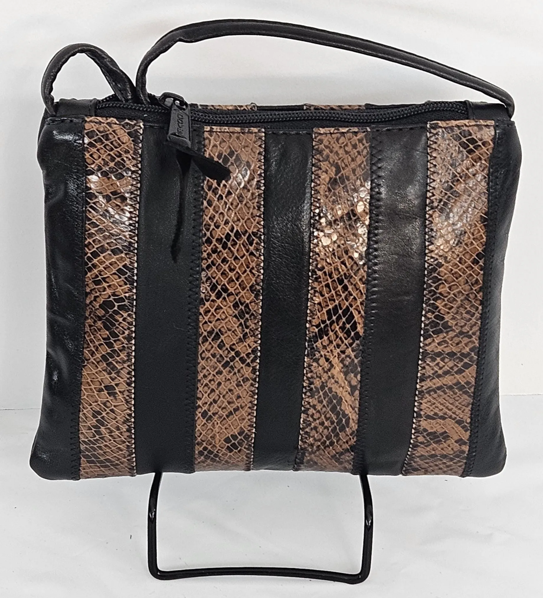 Black with brown Snake print Zigzag stich Crossbody Handbag #TR3302bbsp-ZA, Purses,Universal Use Genuine Leather.   Made in USA.