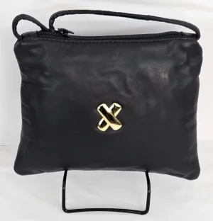 Black with gold matel X,Crossbody Handbag#TR3302bkgm-X,Purses for girls, Genuine Leather. Made in USA