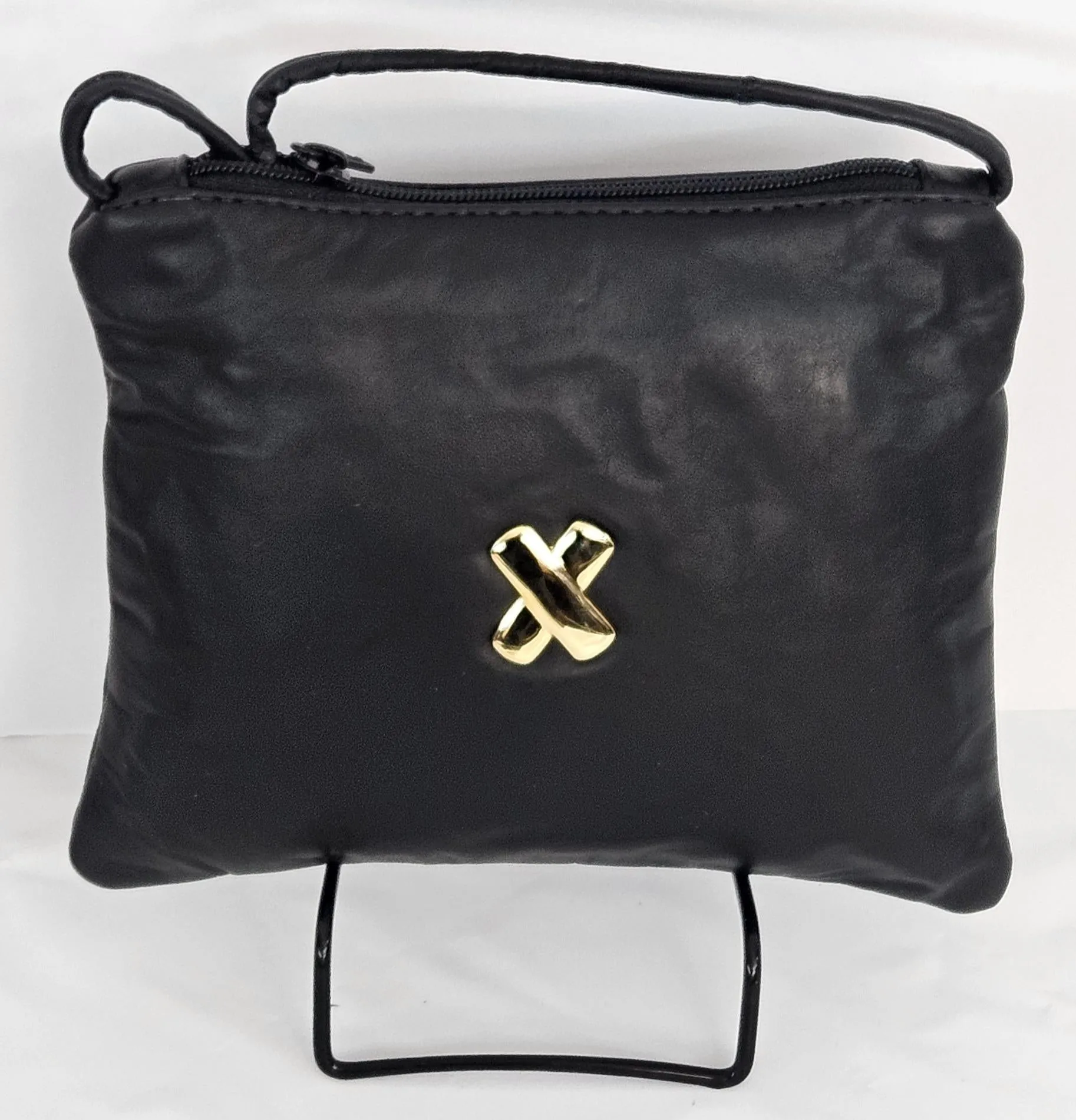 Black with gold matel X,Crossbody Handbag#TR3302bkgm-X,Purses for girls, Genuine Leather. Made in USA