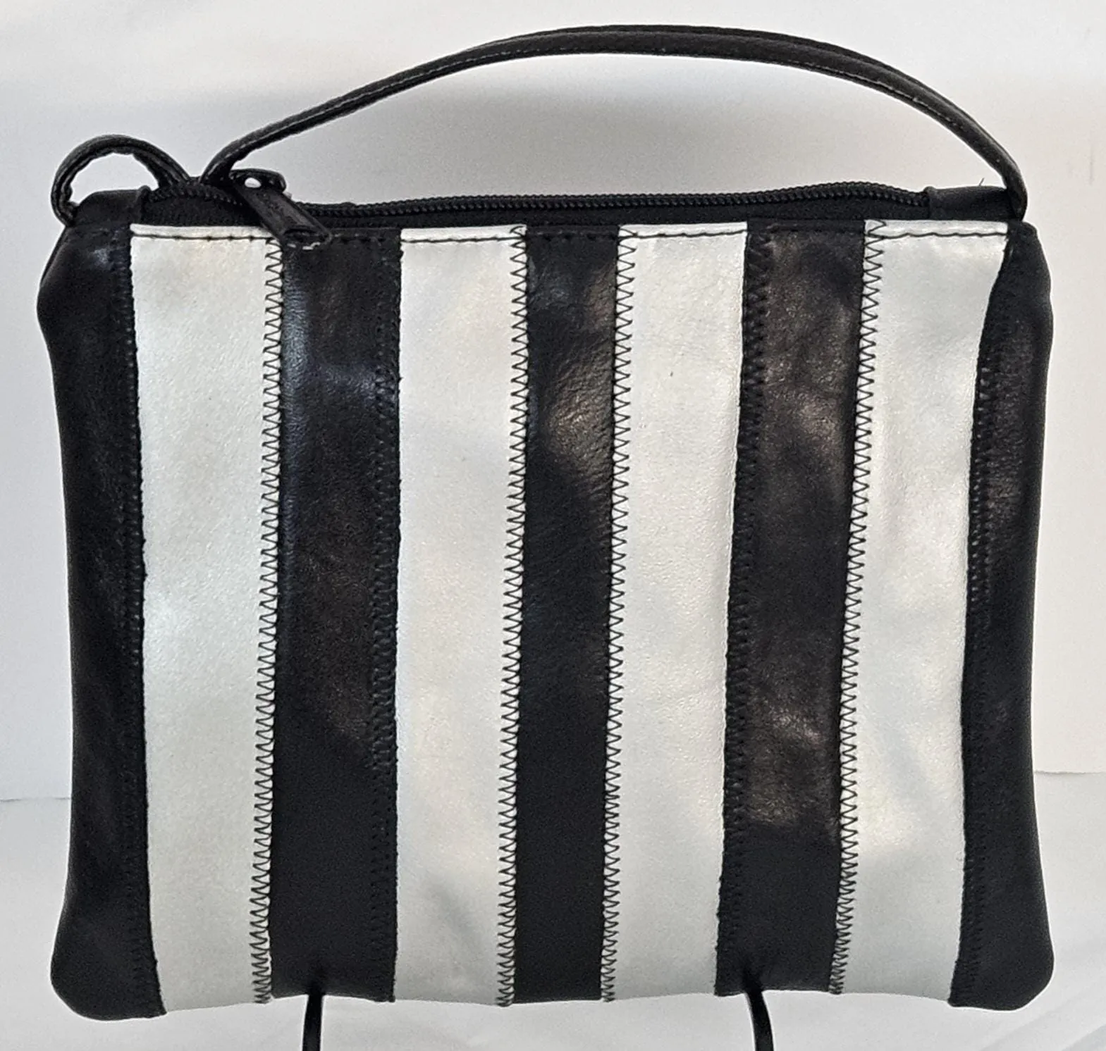 Black with Grey all Zigzag stich Crossbody Handbag#TR3302Bg-ZA,Purses for girls,women,Universal Use Genuine Leather. Made in USA.