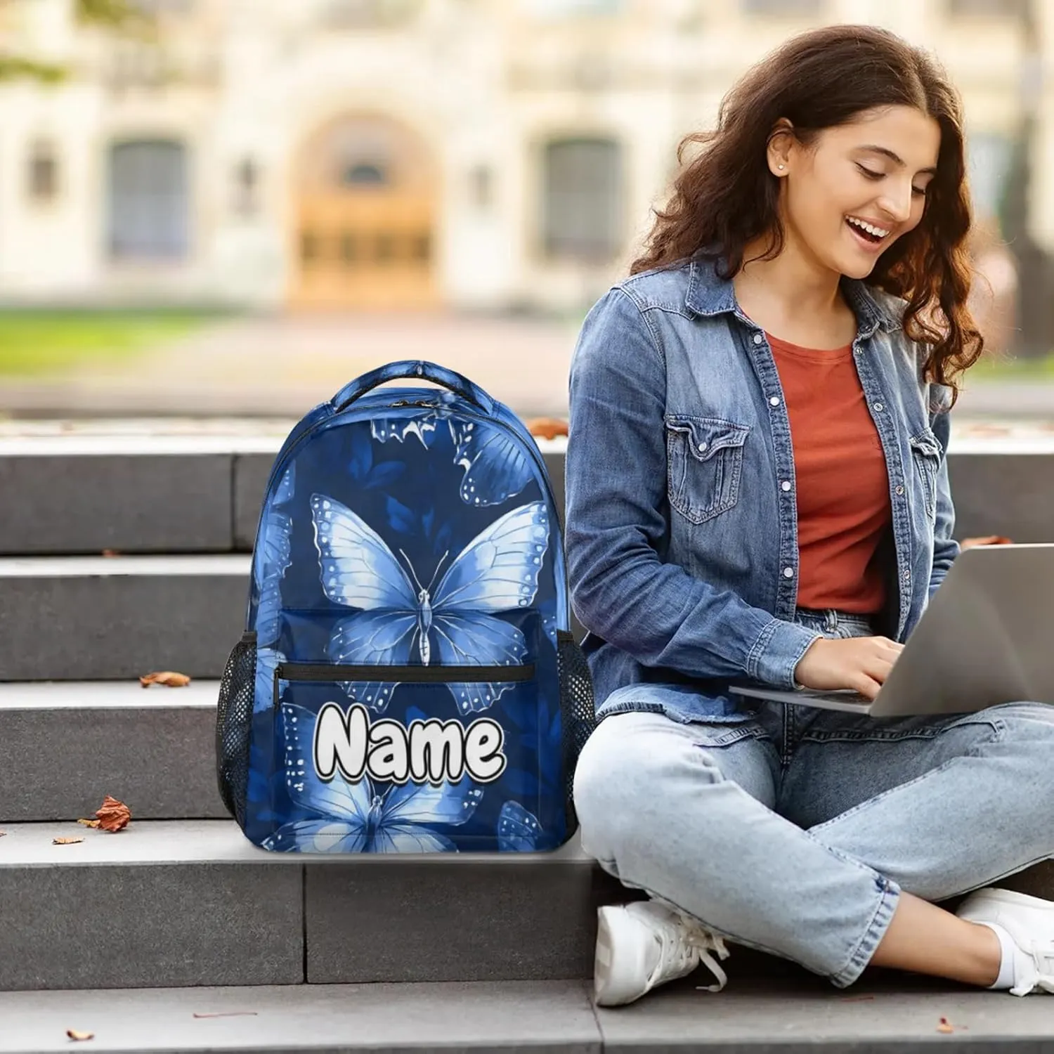 Blue White Butterfly Large Backpack Fashion Travel Backpacks for Business Women Men Casual Laptop Bag Waterproof Lightweight Shoulder Bags 16in