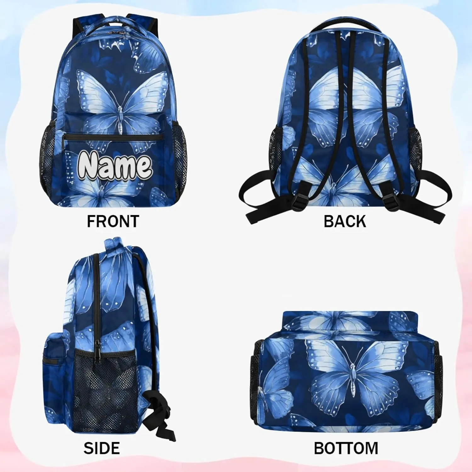 Blue White Butterfly Large Backpack Fashion Travel Backpacks for Business Women Men Casual Laptop Bag Waterproof Lightweight Shoulder Bags 16in