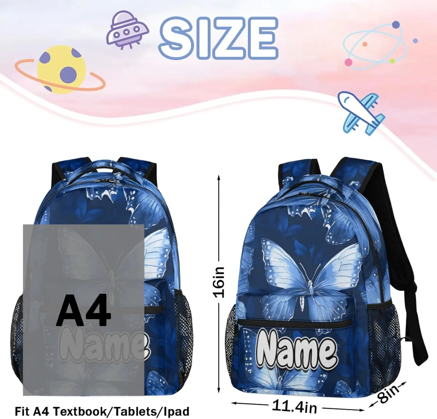 Blue White Butterfly Large Backpack Fashion Travel Backpacks for Business Women Men Casual Laptop Bag Waterproof Lightweight Shoulder Bags 16in