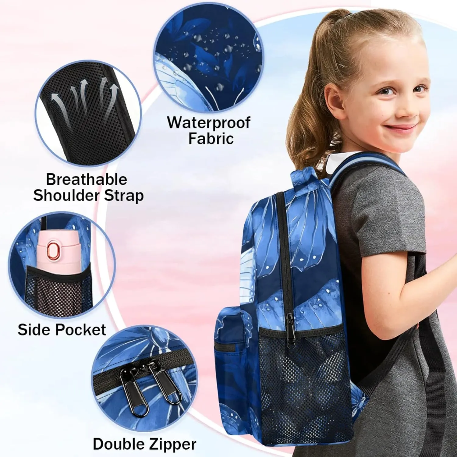 Blue White Butterfly Large Backpack Fashion Travel Backpacks for Business Women Men Casual Laptop Bag Waterproof Lightweight Shoulder Bags 16in