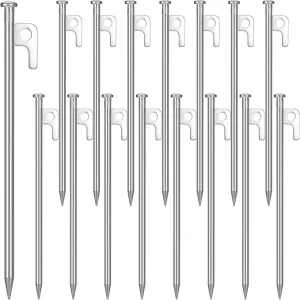 Blulu 24 Pcs 8/12/16 Inch Tent Stakes Heavy Duty Steel Metal Tent Pegs Unbreakable and Inflexible Metal Stakes Tent Spikes for Camping, Yard Decoration, Picnic, Tarp(Silver, 16 Inch)