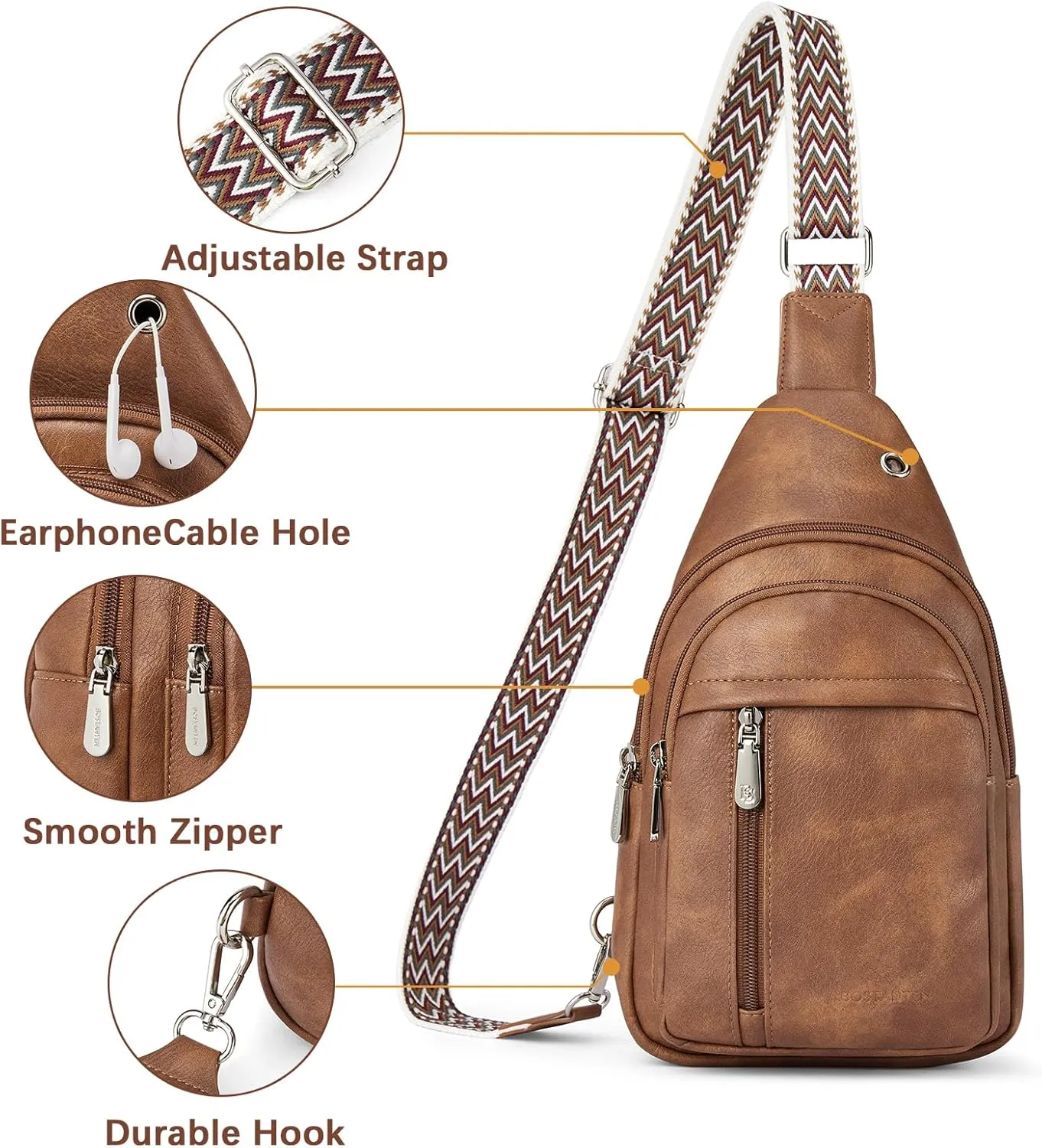 BOSTANTEN Sling Bag Cross Body Bag Trendy Leather Crossbody Purse Chest Bag with Adjustable Guitar Strap for Travel