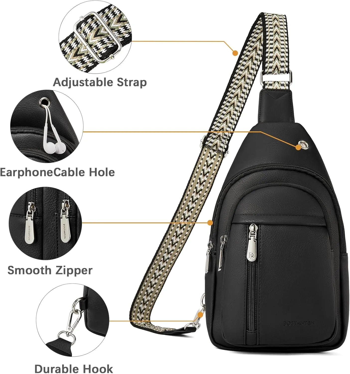 BOSTANTEN Sling Bag Cross Body Bag Trendy Leather Crossbody Purse Chest Bag with Adjustable Guitar Strap for Travel