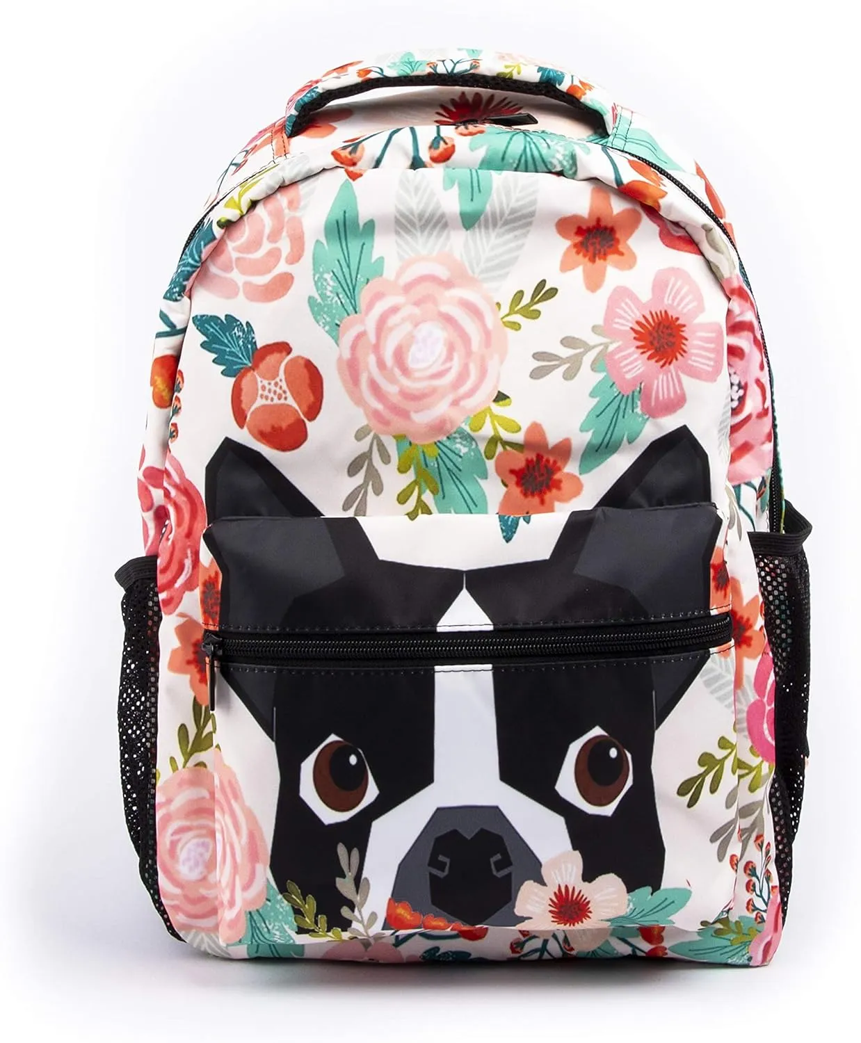 Boston Terrier Dog Florals School Backpack Colorful Flower Pug Bookbag Funny Flowers Dogs Printed Casual Backpack Student Backpack for Students Travel Hiking Camping Daypack 11.6 * 8 * 16in
