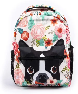 Boston Terrier Dog Florals School Backpack Colorful Flower Pug Bookbag Funny Flowers Dogs Printed Casual Backpack Student Backpack for Students Travel Hiking Camping Daypack 11.6 * 8 * 16in