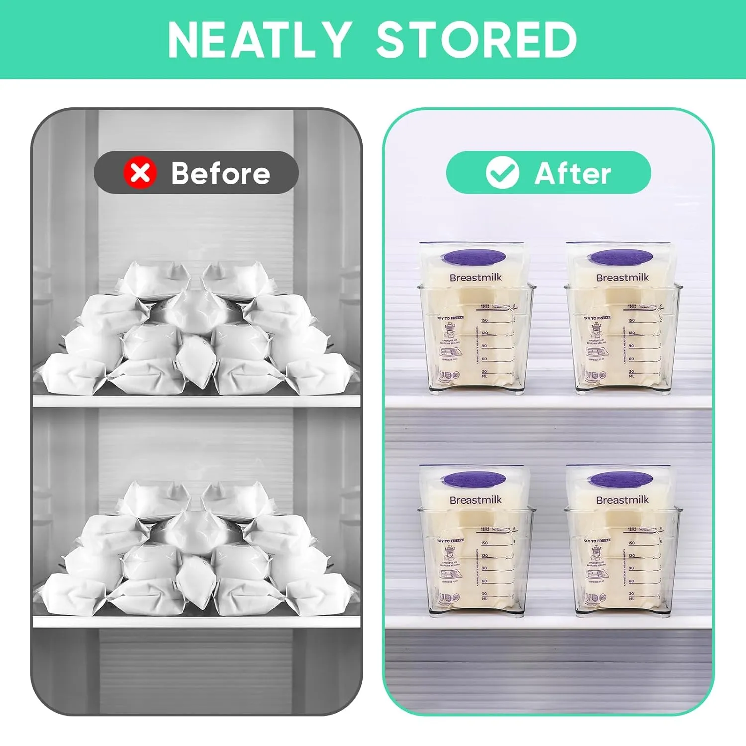 Breast Milk Storage Containers for Fridge, Fridge Organizer Bins with L-Shaped Compressor Inserts for Flattening Breastmilk Bags, and Space-Saving Design (Large, Count, 2)