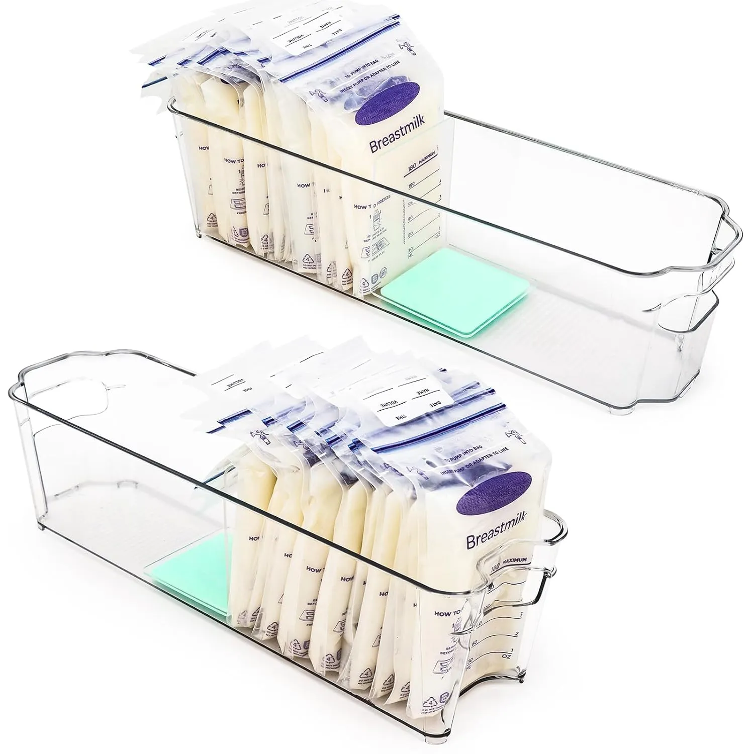 Breast Milk Storage Containers for Fridge, Fridge Organizer Bins with L-Shaped Compressor Inserts for Flattening Breastmilk Bags, and Space-Saving Design (Large, Count, 2)