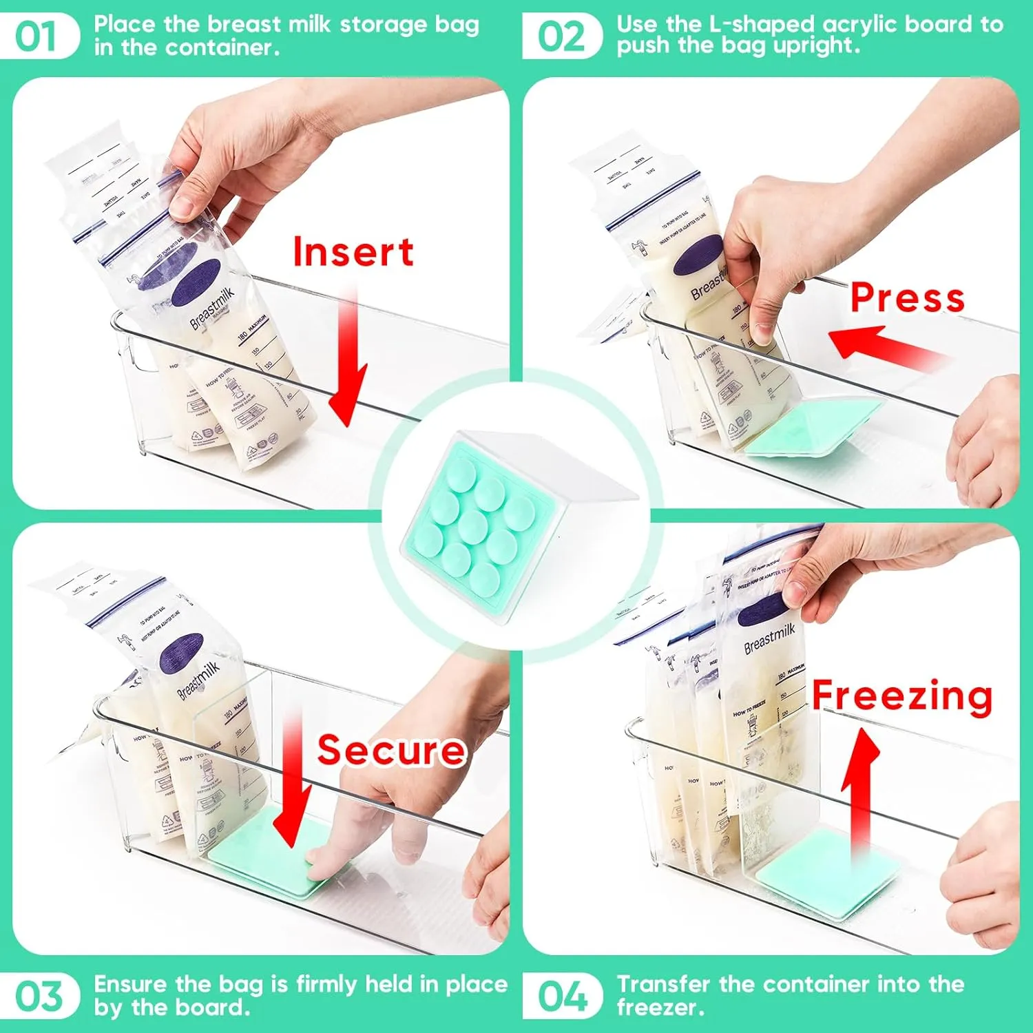 Breast Milk Storage Containers for Fridge, Fridge Organizer Bins with L-Shaped Compressor Inserts for Flattening Breastmilk Bags, and Space-Saving Design (Large, Count, 2)