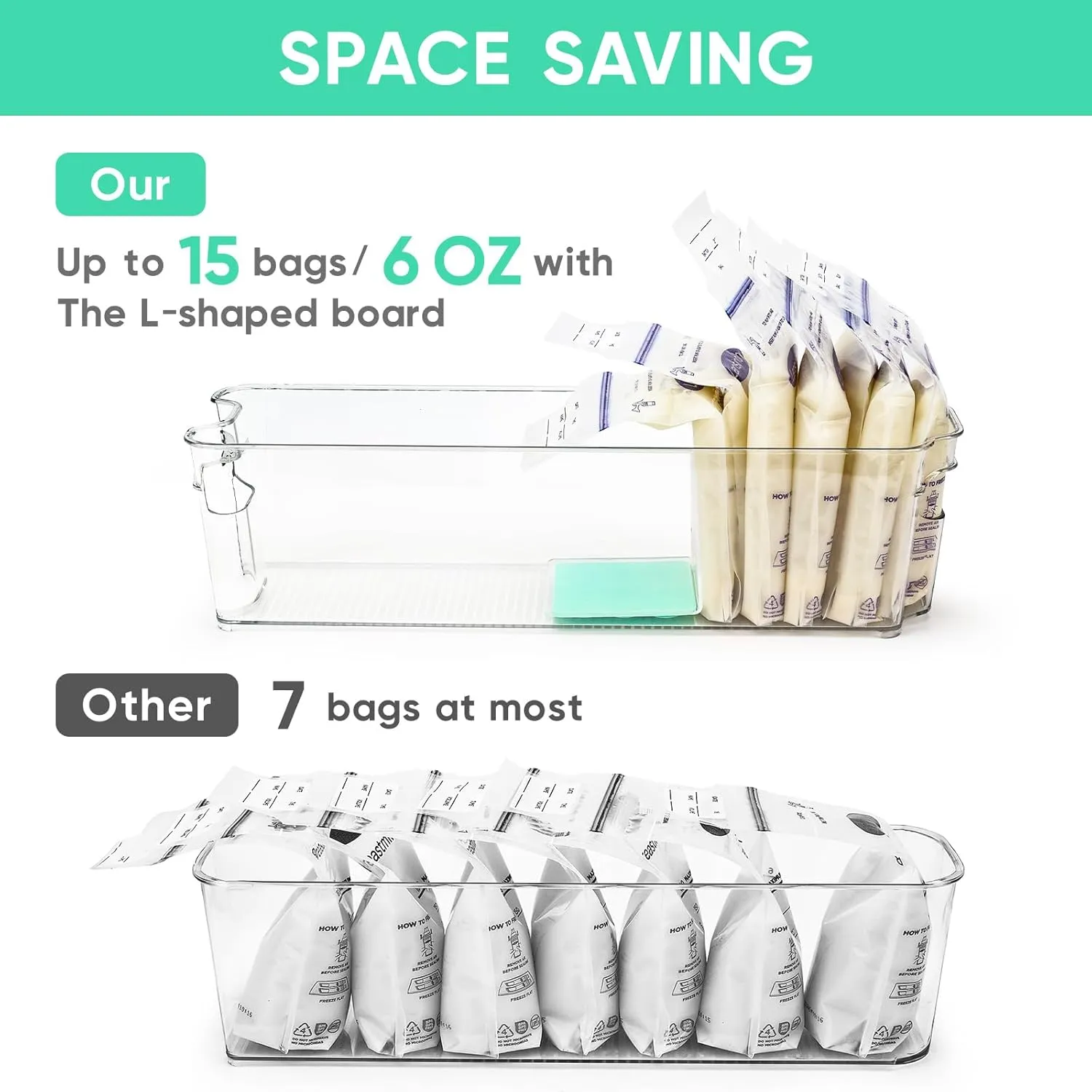 Breast Milk Storage Containers for Fridge, Fridge Organizer Bins with L-Shaped Compressor Inserts for Flattening Breastmilk Bags, and Space-Saving Design (Large, Count, 2)