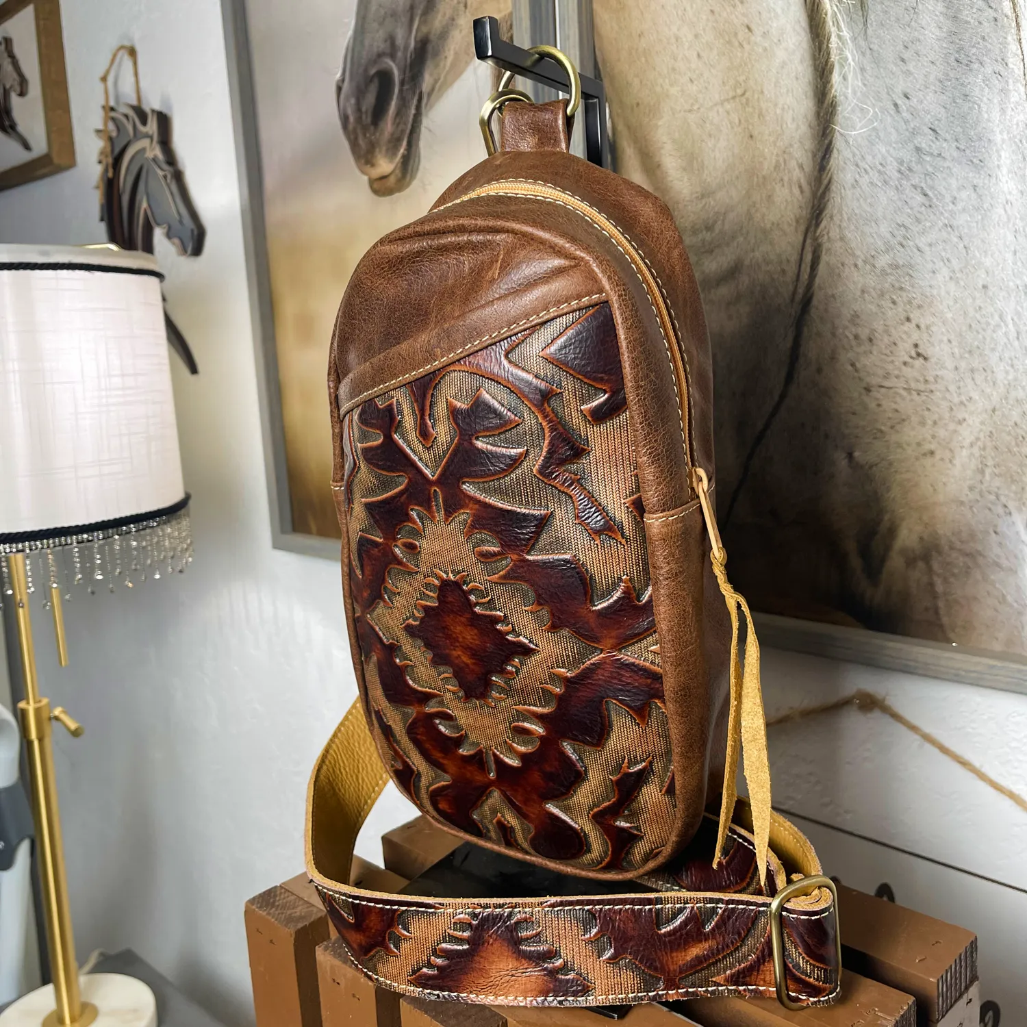 Brown Laredo Embossed Sling Bag/Cross Body Purse/Handmade Leather Bag MM036