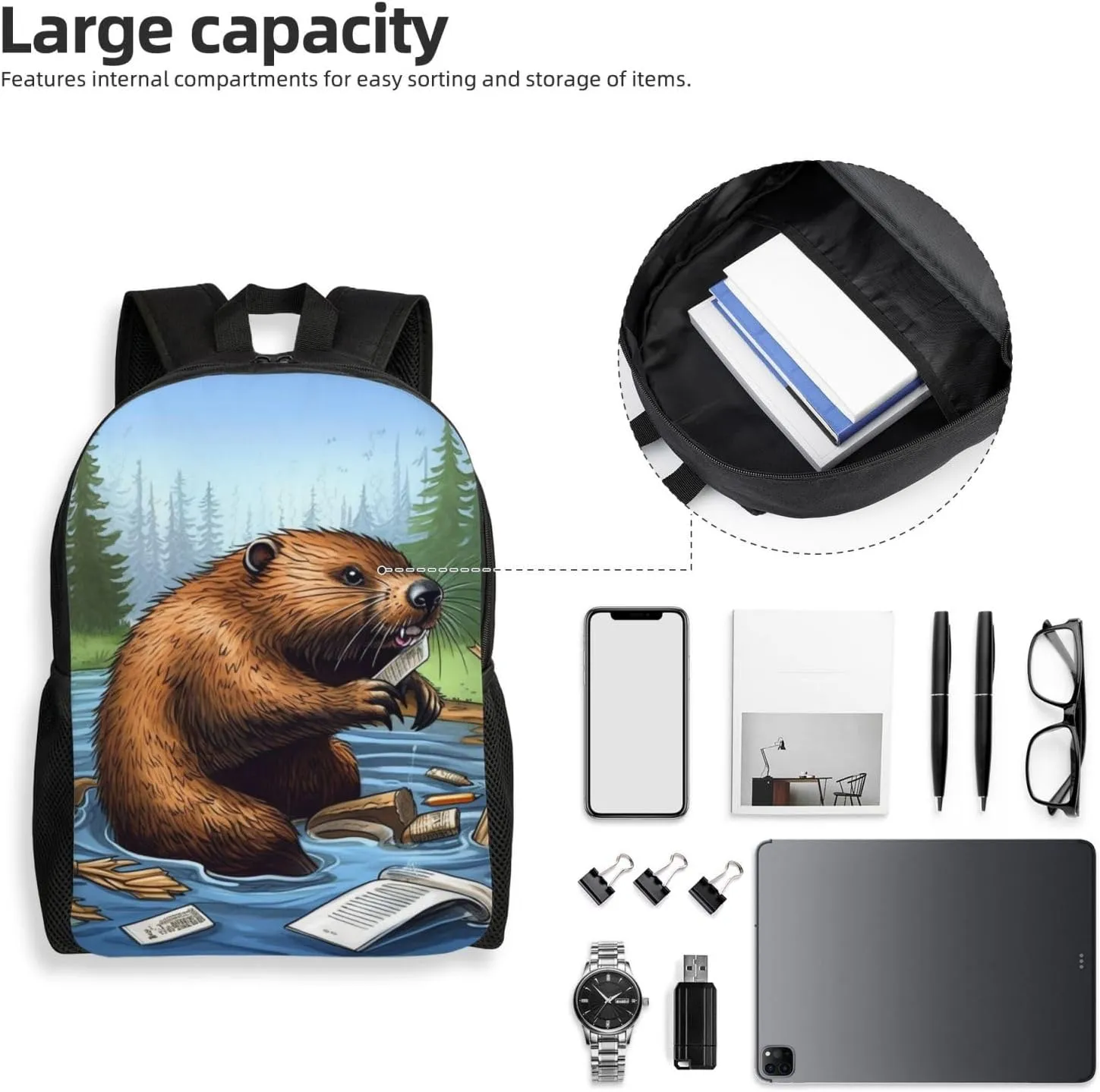 Busy Beaver Cartoon Backpack Waterproof Large Capacity Travel Laptop Backpack Casual Daypack For Men Women