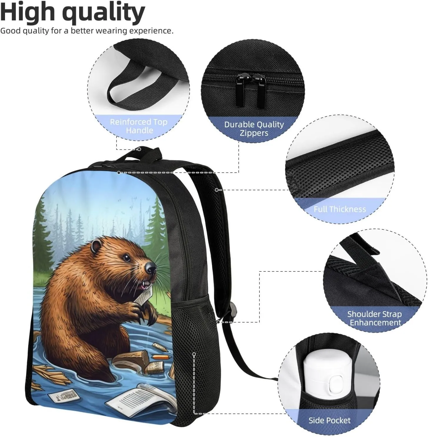 Busy Beaver Cartoon Backpack Waterproof Large Capacity Travel Laptop Backpack Casual Daypack For Men Women