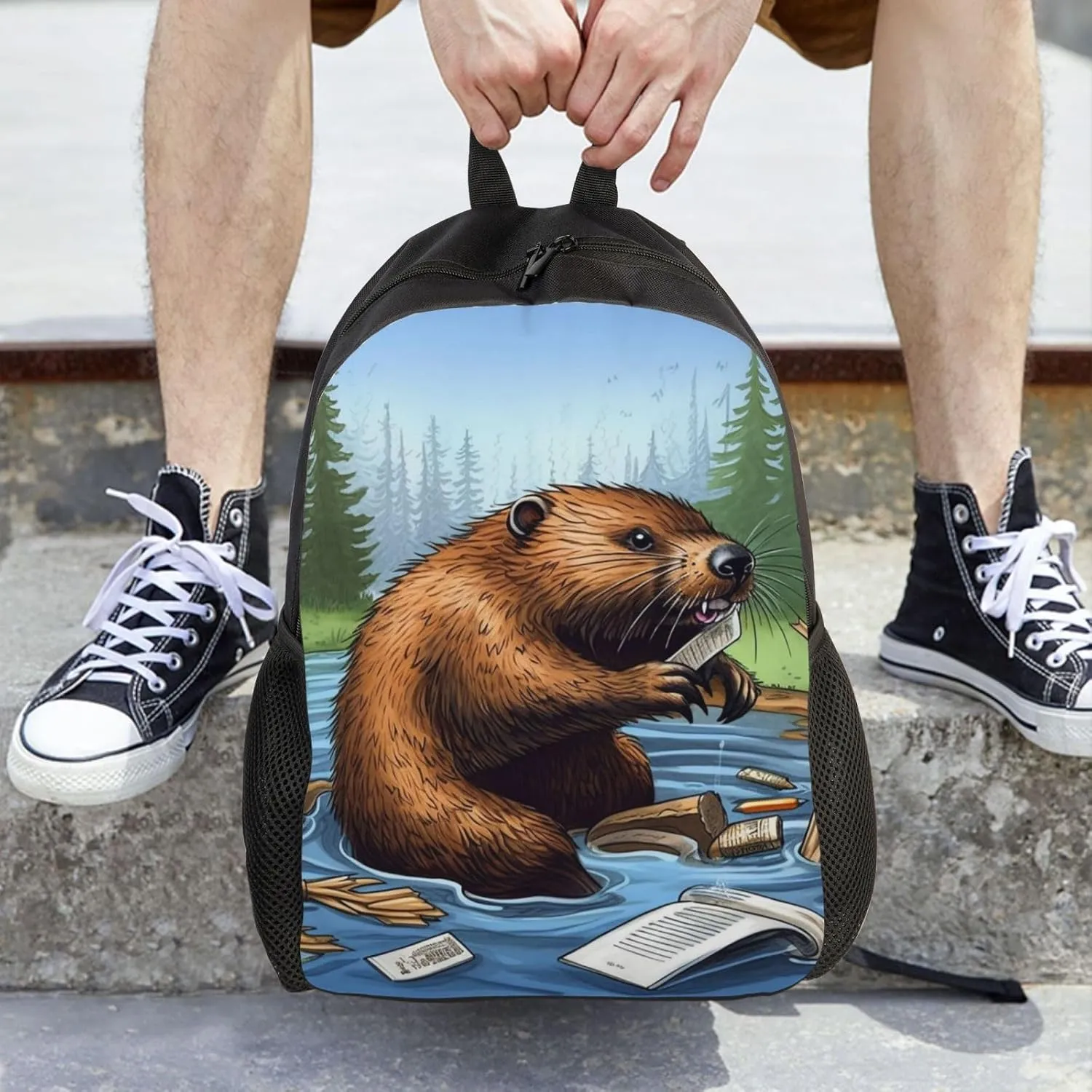 Busy Beaver Cartoon Backpack Waterproof Large Capacity Travel Laptop Backpack Casual Daypack For Men Women