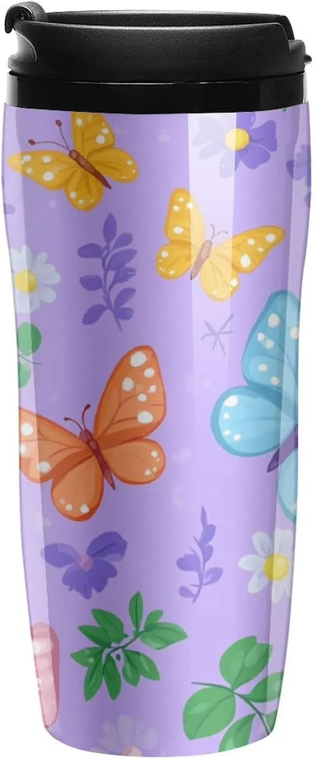 Butterflies Coffee Mug with Lid Portable Tumbler Water Bottle for Travel Business 350ml