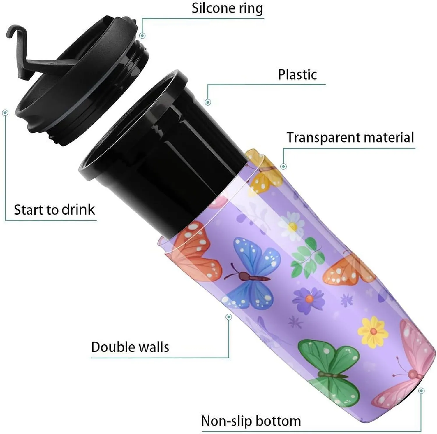 Butterflies Coffee Mug with Lid Portable Tumbler Water Bottle for Travel Business 350ml