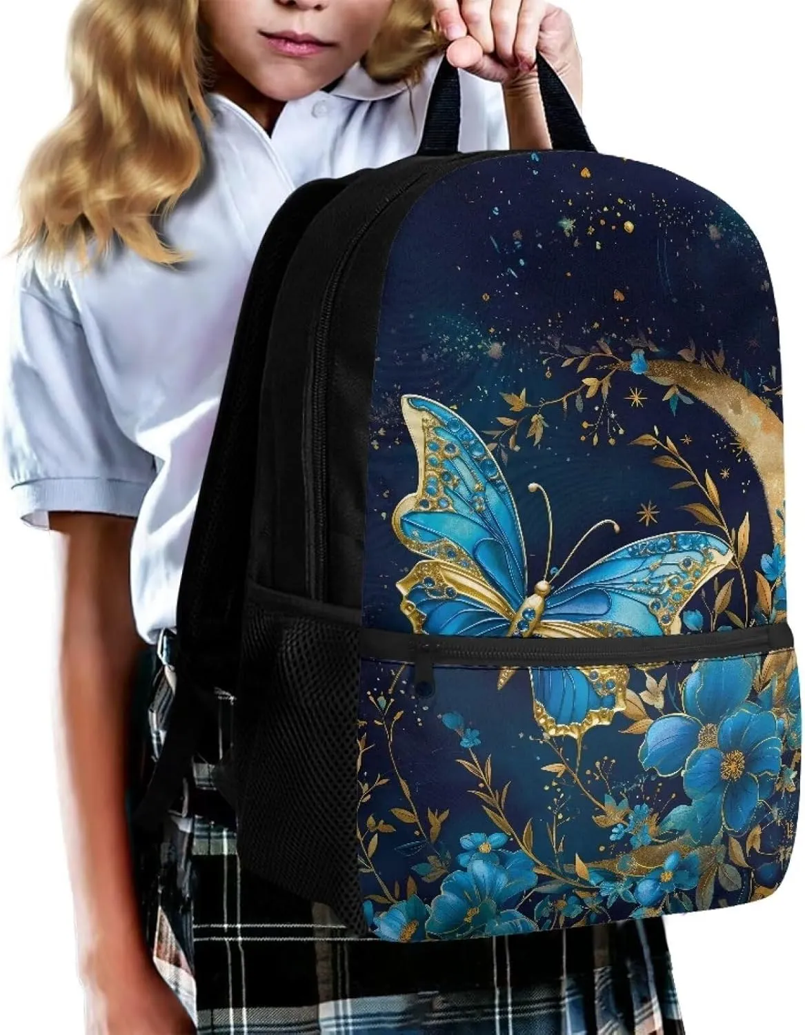 Butterfly Moon Star Backpack 17 Inch School Bags Blue Backpacks