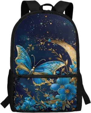 Butterfly Moon Star Backpack 17 Inch School Bags Blue Backpacks