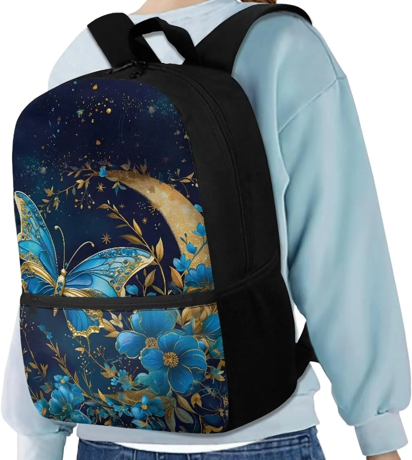 Butterfly Moon Star Backpack 17 Inch School Bags Blue Backpacks