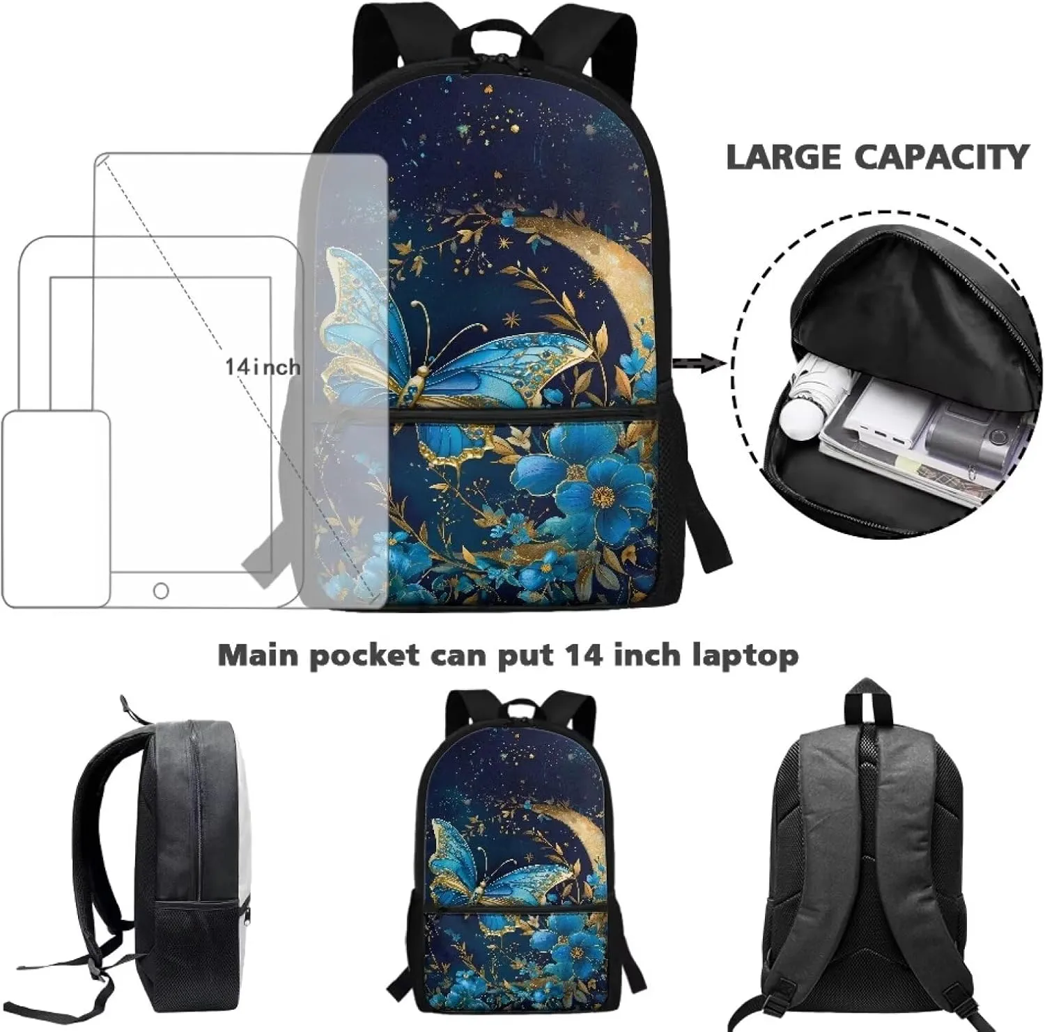 Butterfly Moon Star Backpack 17 Inch School Bags Blue Backpacks