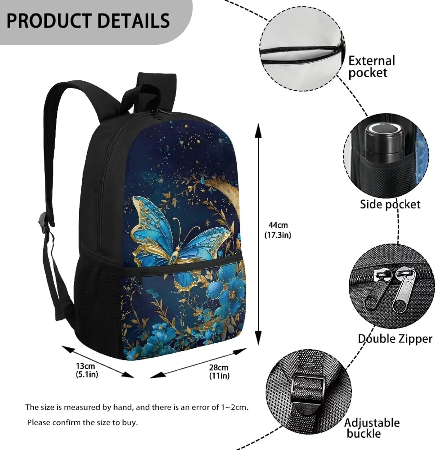 Butterfly Moon Star Backpack 17 Inch School Bags Blue Backpacks