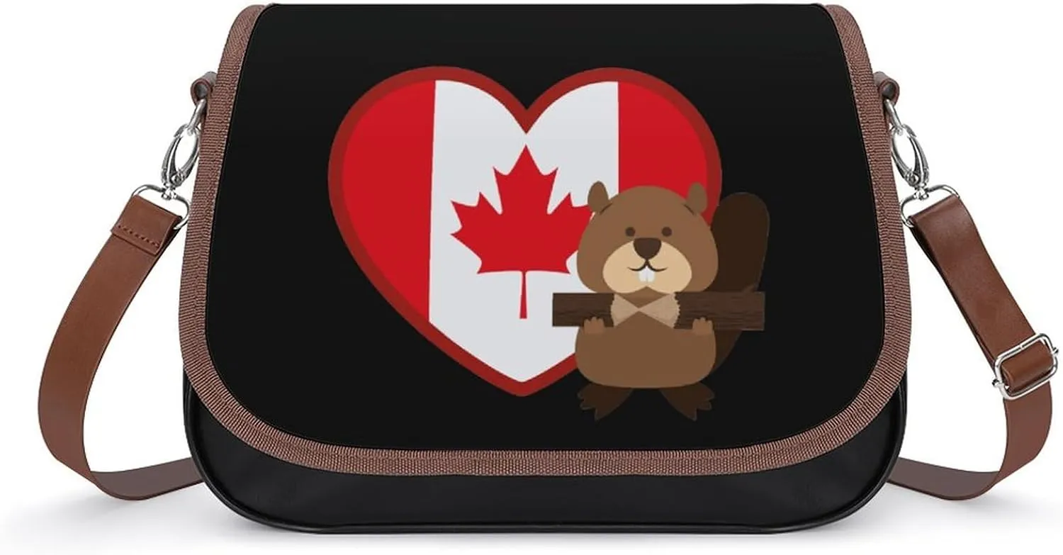 Canada Heart Print Cute Crossbody Purses for Women Leather Shoulder Bag Adjustable Shoulder Strap Handbag
