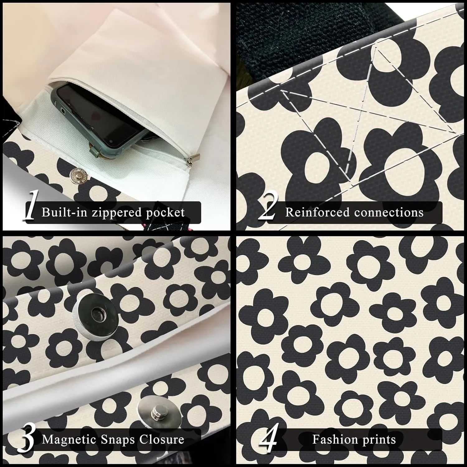 Canvas Tote Bag for Women，Cute Heavy-Duty Shoulder Bag with Zipper Pocket -Travel Tote for Grocery, Gym,Shopping