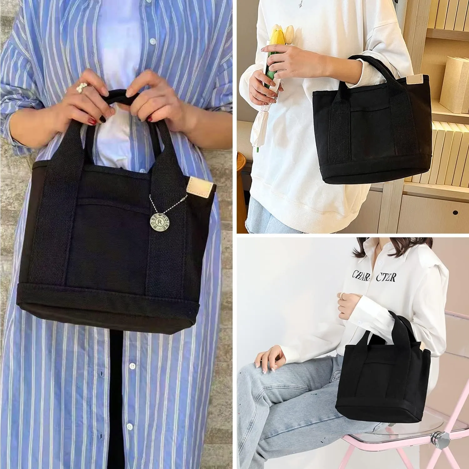 Canvas Tote Bag for Women,Small Totes Bags with Zipper Cute Crossbody Purse with Pockets Large Shoulder Handbag,2 Sizes