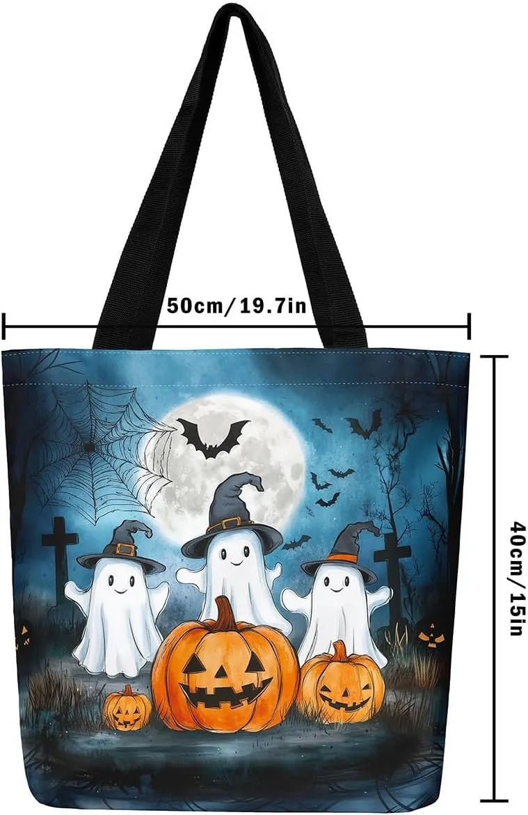 Cartoon Ghost Canvas Tote Bag,Halloween Trick or Treat Travel Beach Bag,Mushroom Pumpkin Grocery Bag for Shopping Gym
