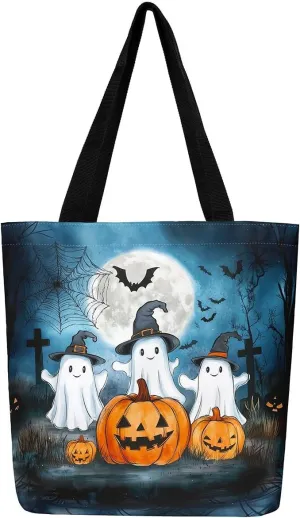 Cartoon Ghost Canvas Tote Bag,Halloween Trick or Treat Travel Beach Bag,Mushroom Pumpkin Grocery Bag for Shopping Gym