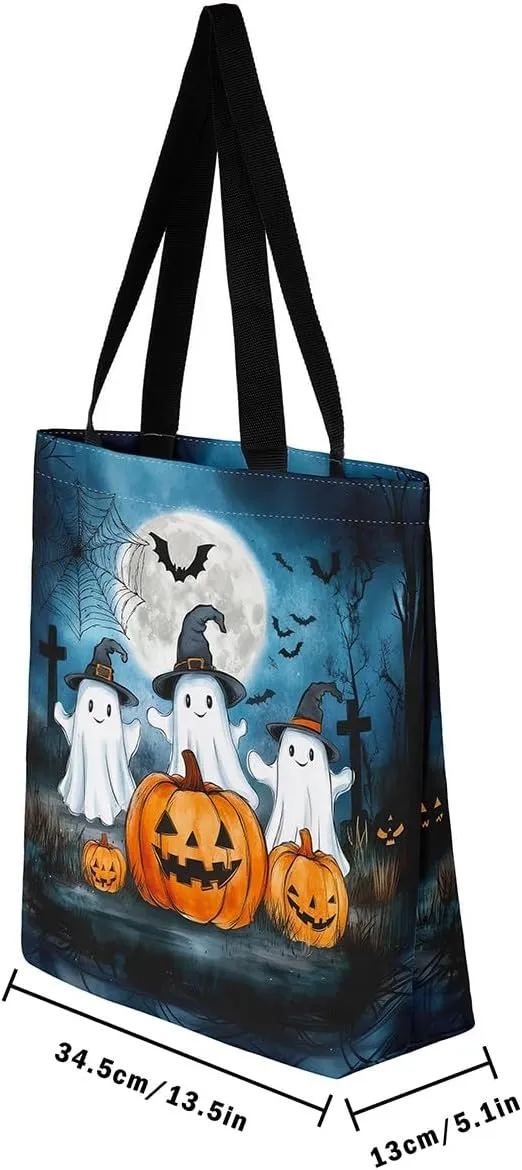Cartoon Ghost Canvas Tote Bag,Halloween Trick or Treat Travel Beach Bag,Mushroom Pumpkin Grocery Bag for Shopping Gym