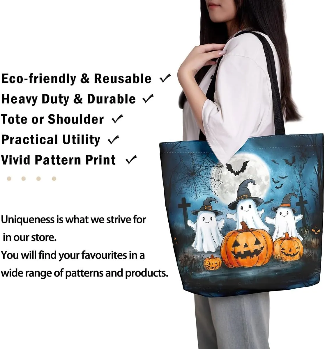 Cartoon Ghost Canvas Tote Bag,Halloween Trick or Treat Travel Beach Bag,Mushroom Pumpkin Grocery Bag for Shopping Gym