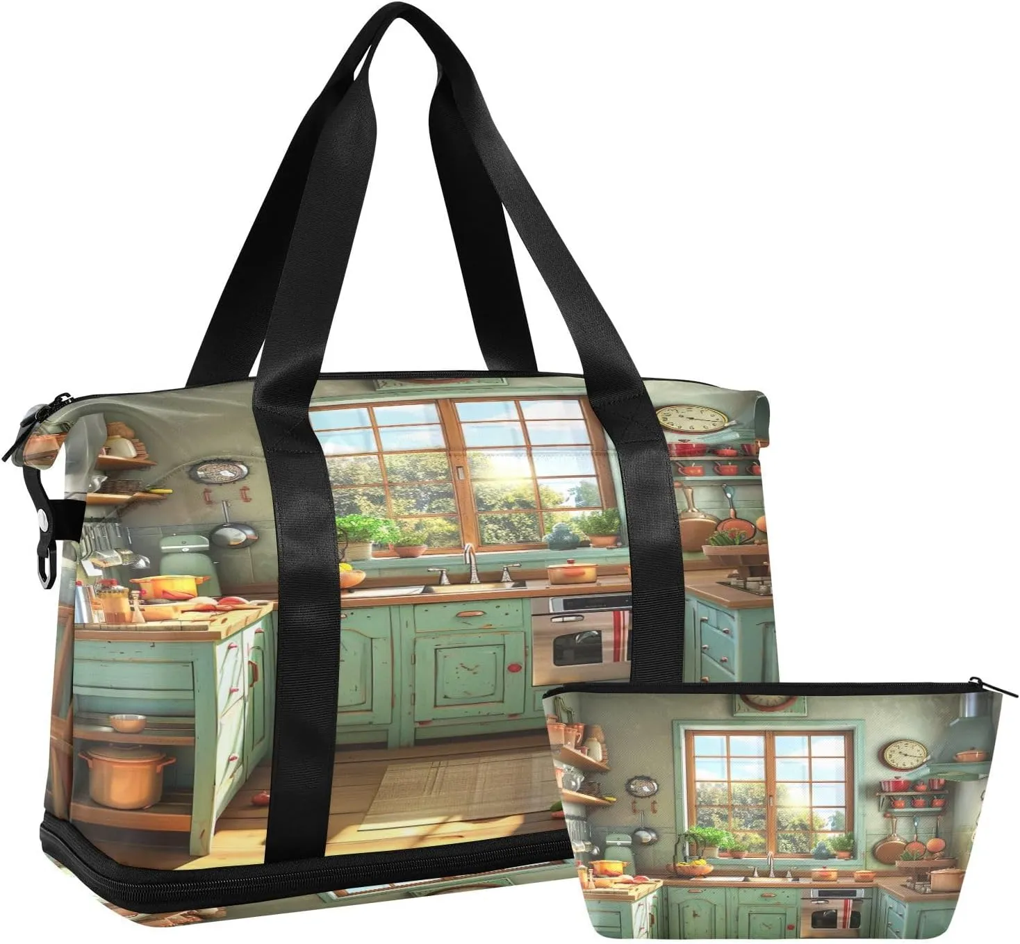 Cartoon Kitchen Pattern Duffel Bag Lightweight Carry On Gym Bags for Travel and Weekends, Versatile Overnight Bag with Shoe Compartment