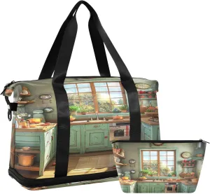 Cartoon Kitchen Pattern Duffel Bag Lightweight Carry On Gym Bags for Travel and Weekends, Versatile Overnight Bag with Shoe Compartment