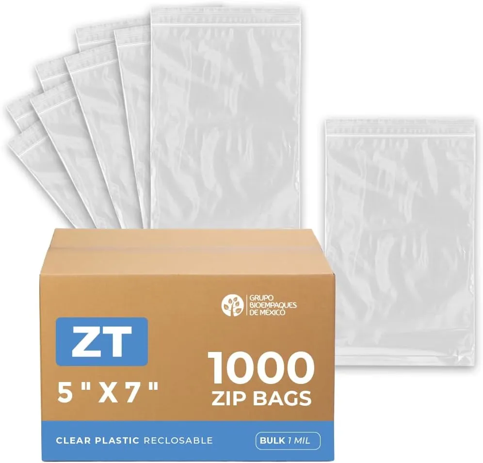 CASE OF 1000 CLEAR PLASTIC RECLOSABLE Zip BAGSBulk 2 mil Thick Strong & Durable Poly Baggies With Resealable Zipper Top Lock For Travel, Storage, Packaging & Shipping. (5x7)