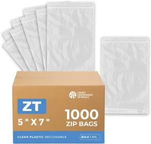 CASE OF 1000 CLEAR PLASTIC RECLOSABLE Zip BAGSBulk 2 mil Thick Strong & Durable Poly Baggies With Resealable Zipper Top Lock For Travel, Storage, Packaging & Shipping. (5x7)