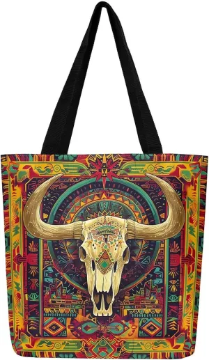 Castle Fairy Southwestern Cow Skull Canvas Tote Bag for Adults Retro Tribal Boho Aesthetic Shoulder Handbag for Shopping Gym