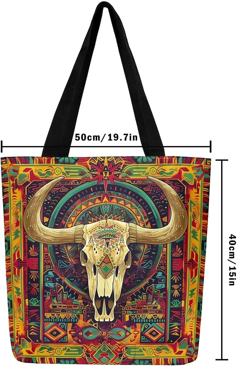 Castle Fairy Southwestern Cow Skull Canvas Tote Bag for Adults Retro Tribal Boho Aesthetic Shoulder Handbag for Shopping Gym