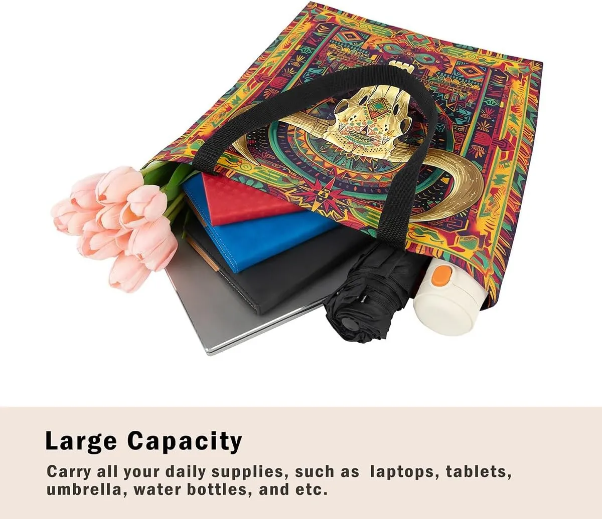 Castle Fairy Southwestern Cow Skull Canvas Tote Bag for Adults Retro Tribal Boho Aesthetic Shoulder Handbag for Shopping Gym