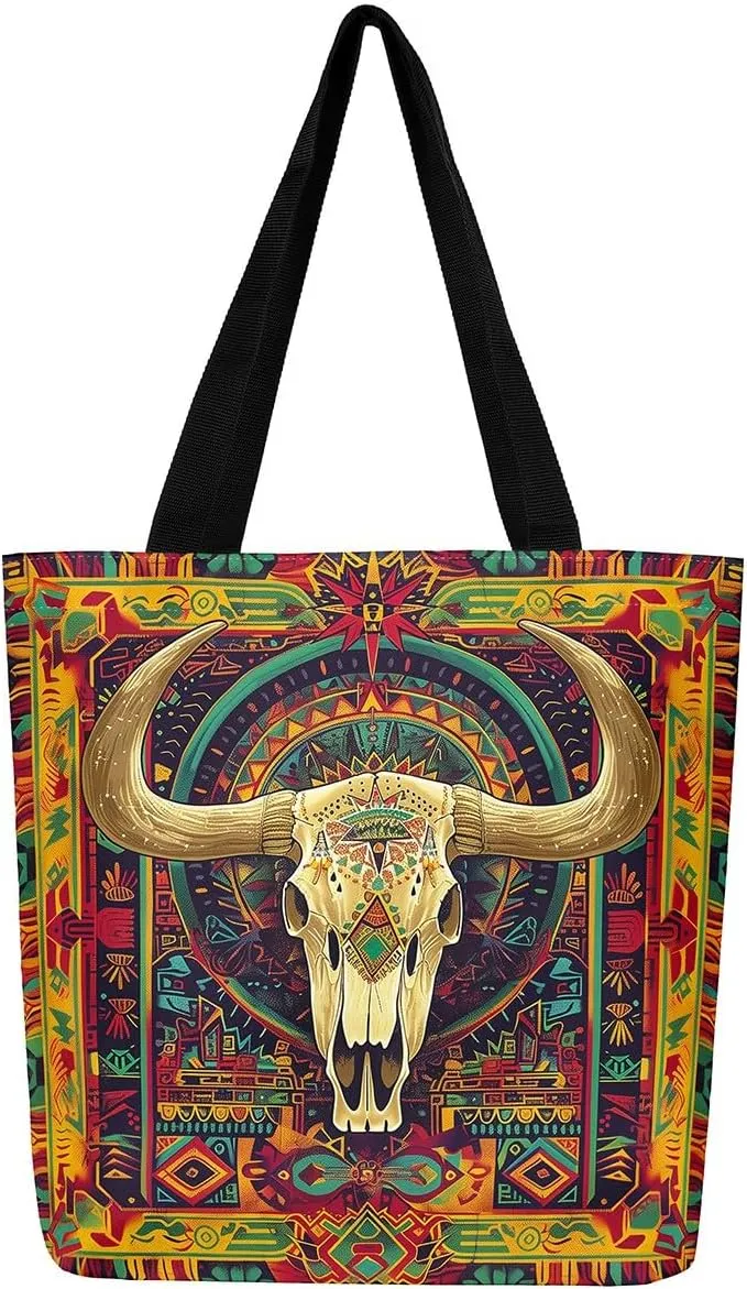 Castle Fairy Southwestern Cow Skull Canvas Tote Bag for Adults Retro Tribal Boho Aesthetic Shoulder Handbag for Shopping Gym