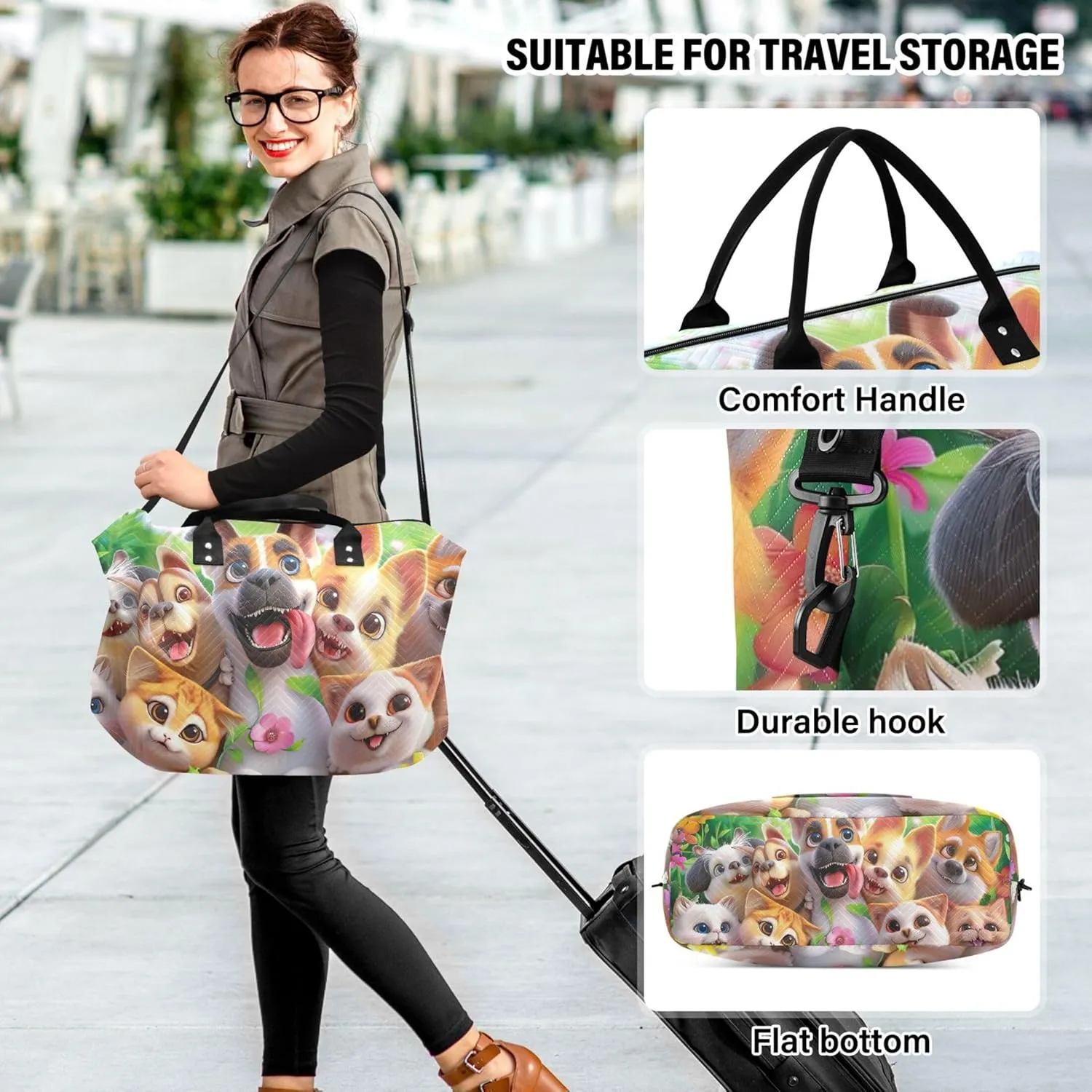 Cat Dog Cute Animals Travel Duffel Bags Makeup Bag Set of 2, Cute Women Sports Bags Overnight Hospital Bag