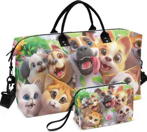 Cat Dog Cute Animals Travel Duffel Bags Makeup Bag Set of 2, Cute Women Sports Bags Overnight Hospital Bag