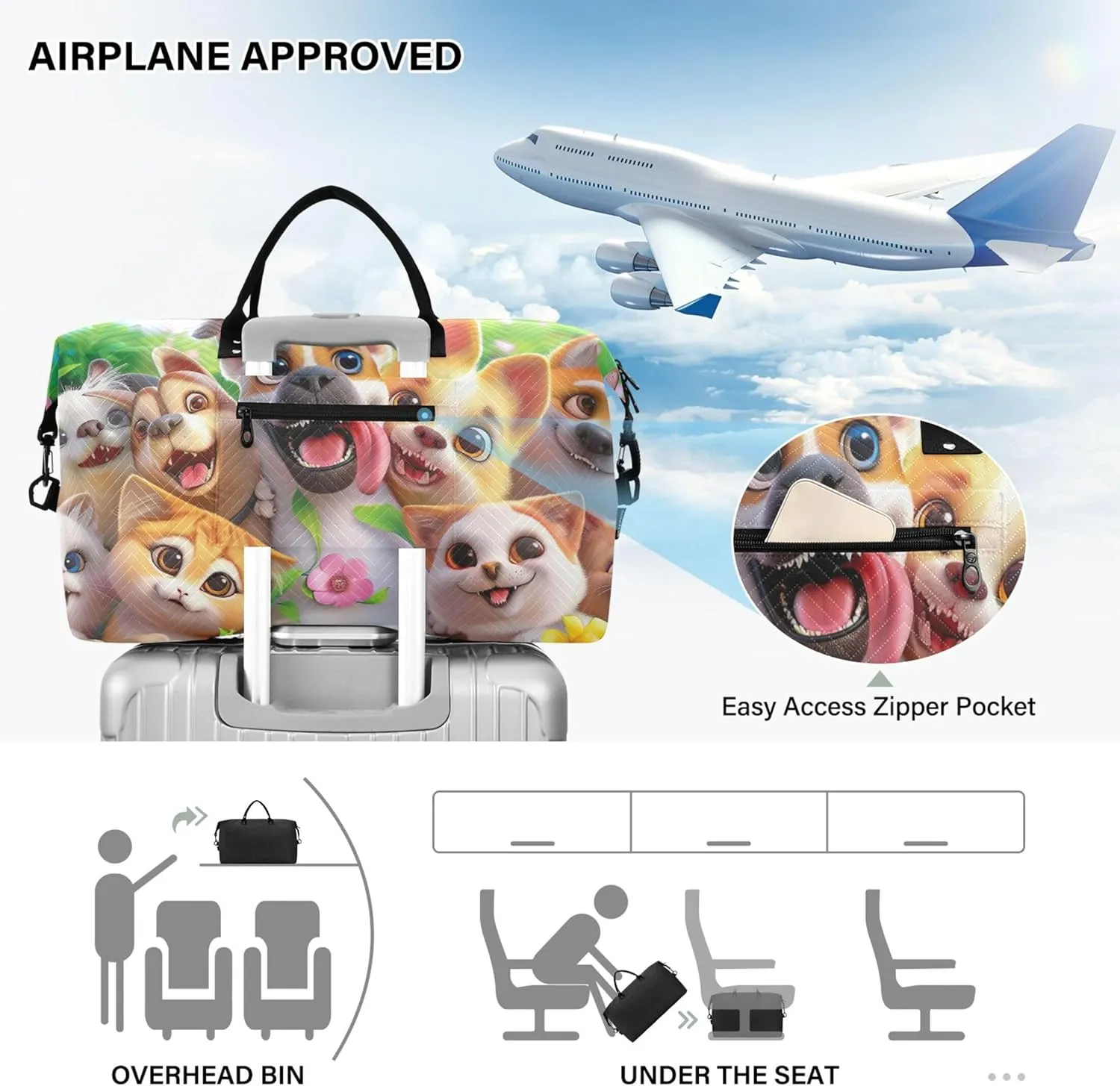 Cat Dog Cute Animals Travel Duffel Bags Makeup Bag Set of 2, Cute Women Sports Bags Overnight Hospital Bag