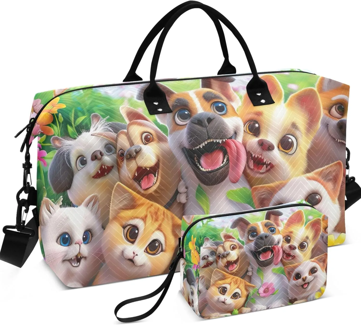 Cat Dog Cute Animals Travel Duffel Bags Makeup Bag Set of 2, Cute Women Sports Bags Overnight Hospital Bag