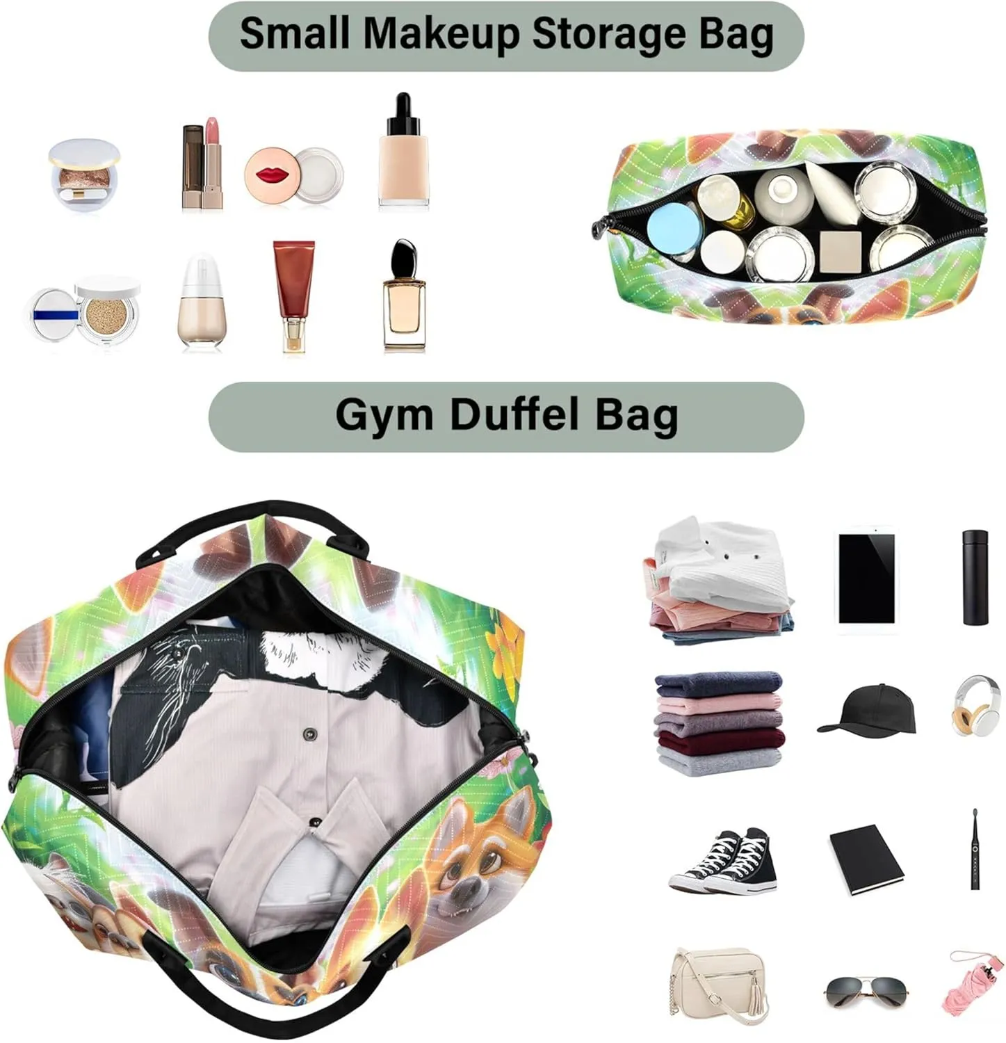 Cat Dog Cute Animals Travel Duffel Bags Makeup Bag Set of 2, Cute Women Sports Bags Overnight Hospital Bag