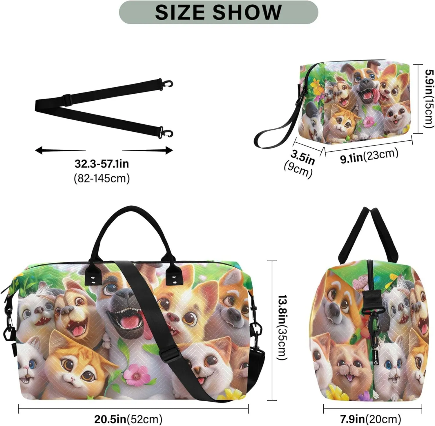 Cat Dog Cute Animals Travel Duffel Bags Makeup Bag Set of 2, Cute Women Sports Bags Overnight Hospital Bag
